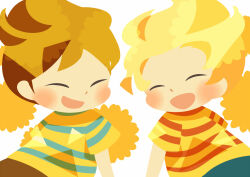 Rule 34 | 2boys, blonde hair, blush, brothers, brown hair, claus (mother 3), closed eyes, facing another, flower, happy, hitofutarai, lucas (mother 3), male focus, mother (game), mother 3, multiple boys, nintendo, open mouth, short sleeves, siblings, white background, yellow flower