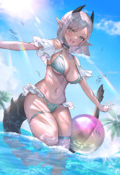 Rule 34 | 1girl, :d, ball, bare shoulders, beachball, bikini, blue bikini, blue sky, blush, breasts, brown eyes, cleavage, clothing cutout, day, frilled bikini, frills, grey hair, highres, hitowa, horns, large breasts, leg up, lens flare, looking at viewer, navel, open mouth, original, outdoors, pointy ears, short hair, shoulder cutout, skindentation, sky, smile, solo, standing, standing on one leg, stomach, sunlight, swimsuit, tail, thigh strap, water