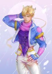 Rule 34 | 1boy, adapted costume, battle tendency, blonde hair, blue jacket, caesar anthonio zeppeli, facial mark, feather hair ornament, feathers, fingerless gloves, gloves, green eyes, groin, hair ornament, hand on own hip, hand on own neck, headband, homil22, jacket, jojo no kimyou na bouken, leotard, male focus, official alternate costume, pants, solo, triangle print, white pants