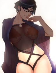 Rule 34 | 1girl, bayonetta, bayonetta (series), bayonetta 2, black-framed eyewear, black hair, blue eyes, breasts, closed mouth, collarbone, covered erect nipples, covered navel, earrings, female focus, glasses, gradient background, harness, head tilt, highres, inverted nipples, jewelry, large breasts, lingerie, lips, long sleeves, looking at viewer, midriff, mole, mole under mouth, navel, nipples, o-ring, open clothes, open robe, open shirt, robe, see-through, shadow, shirt, short hair, sitting, smile, solo, stomach, stud earrings, superboin, thighs, underwear, white background, wide sleeves
