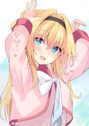 Rule 34 | 1girl, absurdres, arms up, black hairband, blonde hair, blue background, blue eyes, blush, bow, breasts, chitose sana, crossed bangs, eyes visible through hair, fang, hair between eyes, hair intakes, hairband, highres, long hair, long sleeves, looking at viewer, open mouth, pink shirt, purunyara, rabbit pose, school uniform, shirt, sidelocks, simple background, small breasts, smile, solo, sound effects, tenshinranman, translated, upper body, white bow