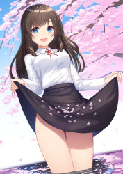 Rule 34 | 1girl, :d, blue eyes, blush, breasts, brown hair, cherry blossoms, collared shirt, commentary request, dress shirt, flower knot, highres, long hair, long sleeves, looking at viewer, medium breasts, medium skirt, neck ribbon, nishino eri, open mouth, original, red ribbon, ribbon, shirt, skirt, skirt basket, skirt hold, smile, solo, spring (season), standing, thigh gap, thighs, water, white shirt