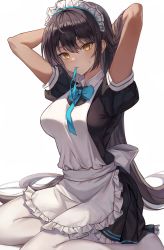 Rule 34 | 1girl, absurdres, adjusting hair, ahoge, apron, arms behind head, arms up, bad id, bad twitter id, black dress, black hair, blue archive, blue bow, blue bowtie, blue ribbon, blush, bow, bowtie, breasts, closed mouth, dark-skinned female, dark skin, dress, frilled apron, frilled dress, frills, hair between eyes, halo, hands in hair, highres, karin (blue archive), large breasts, long hair, looking at viewer, maid, maid apron, maid headdress, mouth hold, mrr 05, no shoes, orange eyes, pantyhose, pleated dress, puffy short sleeves, puffy sleeves, ribbon, ribbon in mouth, short sleeves, simple background, sitting, solo, sweat, sweatdrop, tying hair, very long hair, white apron, white background, white pantyhose, yellow eyes, yokozuwari