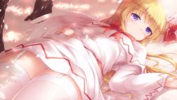 Rule 34 | 1girl, blonde hair, blue eyes, blush, bow, breasts, capelet, commentary request, dappled sunlight, day, dress, feathered wings, garter straps, hand on own stomach, unworn headwear, highres, lily white, long hair, long sleeves, looking at viewer, lying, lzh, on back, on ground, outdoors, panties, pantyshot, red neckwear, small breasts, smile, solo, sunlight, thighhighs, thighs, touhou, tree, underwear, very long hair, white dress, white panties, white thighhighs, wings