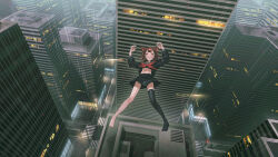 Rule 34 | 1girl, absurdres, animal ears, black sailor collar, black skirt, black thighhighs, brown hair, building, city, closed mouth, falling, from above, highres, lamppost, long sleeves, looking at viewer, neckerchief, original, outdoors, pleated skirt, rain, red eyes, red neckerchief, road, saaal653, sailor collar, school uniform, serafuku, single thighhigh, skirt, skyscraper, solo, street, thighhighs