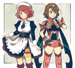 Rule 34 | 2girls, absurdres, ange (angeban93), beret, black necktie, blue eyes, breasts, brown hair, commentary, cosplay, costume switch, english commentary, feet out of frame, fingerless gloves, gloves, hat, highres, medium breasts, multiple girls, necktie, pyra (xenoblade), red eyes, red hair, red shorts, red thighhighs, shannon (umineko), short hair, shorts, skirt hold, thighhighs, tiara, umineko no naku koro ni, underbust, white headwear, xenoblade chronicles (series), xenoblade chronicles 2