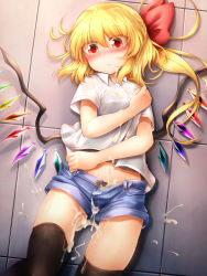 Rule 34 | 1girl, alternate costume, black panties, black thighhighs, blonde hair, blush, camisole, commentary request, contemporary, cowboy shot, crystal, cum, cumdrip, denim, denim shorts, eyes visible through hair, facial, fang, fang out, flandre scarlet, floor, from above, hair between eyes, hair ribbon, hand up, head tilt, highres, long hair, looking at viewer, lying, marukyuu ameya, midriff, nail polish, no headwear, nose blush, on back, one side up, open fly, panties, pink nails, red eyes, red ribbon, ribbon, school uniform, see-through, shadow, shirt, short shorts, short sleeves, shorts, solo, thighhighs, thighs, touhou, translation request, unbuttoned, underwear, white shirt, wing collar, wings
