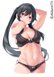 Rule 34 | 1girl, :o, arm behind head, arms behind head, arms up, bare arms, bare shoulders, black bra, black hair, black panties, blush, bow, bow bra, bow panties, bra, breasts, brown eyes, commentary, cowboy shot, cropped legs, ebifurya, gluteal fold, groin, highres, kantai collection, lace, lace-trimmed bra, lace-trimmed panties, lace trim, lingerie, long hair, looking at viewer, medium breasts, navel, open mouth, panties, ponytail, sidelocks, simple background, skindentation, solo, stomach, symbol-only commentary, twitter username, underwear, underwear only, very long hair, white background, yahagi (kancolle)