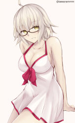 Rule 34 | 1girl, ahoge, arm support, bad id, bad pixiv id, bare arms, bare shoulders, black-framed eyewear, bow, breasts, cleavage, collarbone, commentary request, dress, fate/grand order, fate (series), glasses, grey hair, hair between eyes, jeanne d&#039;arc (fate), jeanne d&#039;arc alter (avenger) (fate), jeanne d&#039;arc alter (fate), large breasts, looking at viewer, mash kyrielight, mash kyrielight (swimsuit of perpetual summer), official alternate costume, parted lips, pink background, pink bow, simple background, sleeveless, sleeveless dress, smile, solo, tasora, twitter username, white dress, yellow eyes