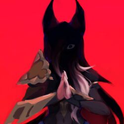 Rule 34 | 1girl, black hair, broken covenant xayah, covered navel, grey hair, highres, kisume to, league of legends, long hair, long sleeves, own hands clasped, own hands together, red background, serious, shoulder plates, simple background, solo, upper body, xayah
