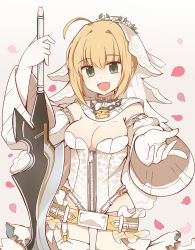 Rule 34 | 10s, 1girl, :d, aestus estus, ahoge, animal print, arm strap, artoria pendragon (all), artoria pendragon (fate), belt, belt buckle, belt skirt, blonde hair, blurry, breasts, bridal veil, buckle, chain, cleavage, cowboy shot, depth of field, detached collar, detached sleeves, elbow gloves, fate/extra, fate/extra ccc, fate/grand order, fate (series), flower, flower wreath, foreshortening, full-length zipper, garter straps, gloves, gradient background, green eyes, grey background, hair between eyes, hair intakes, hand up, happy, head wreath, highres, holding, holding sword, holding weapon, leopard print, leotard, lock, looking at viewer, md5 mismatch, medium breasts, nero claudius (bride) (fate), nero claudius (bride) (second ascension) (fate), nero claudius (fate), nero claudius (fate) (all), open mouth, outstretched arm, outstretched hand, padlock, petals, planted, planted sword, planted weapon, puffy detached sleeves, puffy sleeves, rabi, rabi (swordofthestone), reverse grip, saber (fate), short hair with long locks, showgirl skirt, sidelocks, skirt, smile, solo, standing, strapless, strapless leotard, sword, thighhighs, turtleneck, veil, weapon, white flower, white gloves, white leotard, white skirt, white thighhighs, wide sleeves, zipper, zipper pull tab