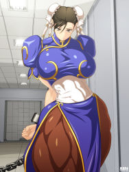 Rule 34 | 1girl, bdsm, breasts, capcom, chain, chun-li, extreme muscles, female focus, highres, huge breasts, indoors, large breasts, muscular, ren (tainca2000), skirt, solo, street fighter