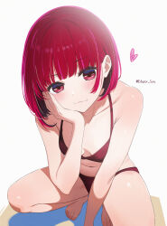 Rule 34 | 1girl, absurdres, arima kana, bare shoulders, barefoot, bikini, blush, bob cut, breasts, cleavage, commentary, edgar syu, hand on own cheek, hand on own face, heart, highres, inverted bob, looking at viewer, medium breasts, oshi no ko, red bikini, red eyes, red hair, short hair, simple background, smile, solo, squatting, swimsuit, toes, white background