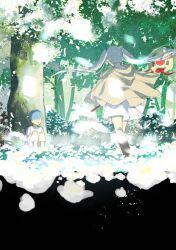 Rule 34 | 1boy, 1girl, aged down, blue hair, brown cape, cape, chamwa, commentary, day, dress, elf, english commentary, falling petals, flower, forest, frieren, highres, himmel (sousou no frieren), holding, holding staff, nature, outdoors, parted lips, petals, pointy ears, shirt, short hair, sitting, sousou no frieren, staff, tree, twintails, white dress, white flower, white hair, white shirt