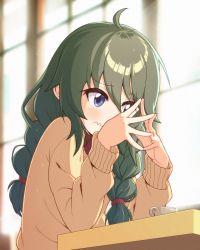 Rule 34 | 1girl, ahoge, backlighting, blue eyes, blurry, blurry background, blush, braid, brown sweater, closed mouth, commentary request, cup, depth of field, embarrassed, fidgeting, green hair, highres, indoors, long hair, long sleeves, looking away, looking down, princess connect!, sizque, solo, sweater, table, teacup, twin braids, upper body, wavy mouth, window, yuni (princess connect!), yuni (real) (princess connect!)
