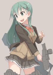 Rule 34 | 10s, 1girl, aqua eyes, aqua hair, bad id, bad twitter id, between breasts, bow, bowtie, breasts, brown background, brown jacket, cannon, cardigan, collared shirt, cowboy shot, frilled skirt, frills, gun, hair ornament, hairclip, highres, jacket, kantai collection, long hair, looking down, looking to the side, open mouth, red bow, red bowtie, searchlight, shirt, simple background, skirt, solo, strap between breasts, suzuya (kancolle), sweater, thigh strap, trigger discipline, weapon, yopan danshaku
