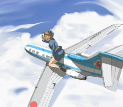 Rule 34 | 1girl, above clouds, aircraft, airplane, all nippon airways, blue hat, boeing 727, chanpii, cloud, day, flight attendant, flying, garrison cap, giant, giantess, gloves, hat, high heels, highres, hirarin0110, pencil skirt, pumps, riding, salute, shoes, skirt, sky, smile, solo, teeth, travel attendant, uniform, upper teeth only, vehicle focus