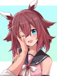 Rule 34 | 1girl, absurdres, animal ears, blue eyes, blush, collarbone, hair between eyes, hair flaps, hair ornament, hand on another&#039;s face, highres, hitode (ziburi), horse ears, horse girl, japanese clothes, medium hair, one eye closed, open mouth, portrait, pov, pov hands, sakura chiyono o (umamusume), simple background, solo focus, umamusume