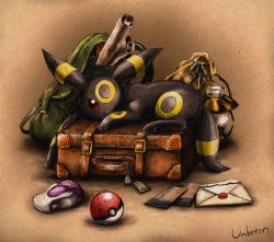 Rule 34 | backpack, bag, black eyes, character name, closed mouth, colored sclera, creatures (company), full body, game freak, gen 2 pokemon, lantern, letter, looking at viewer, lying, matsuri (matsuike), nintendo, no humans, on stomach, poke ball, pokemon, pokemon (creature), potion, red sclera, sack, scroll, smile, suitcase, ticket, umbreon
