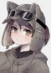 Rule 34 | 1girl, alternate costume, animal hat, blush, brown hair, brown hat, cat hat, closed mouth, goggles, goggles on headwear, grey background, hair between eyes, hat, highres, hood, hoodie, jacket, kantai collection, long sleeves, shikinami (kancolle), simple background, sleeves past fingers, sleeves past wrists, solo, tori knkr, upper body, yellow eyes