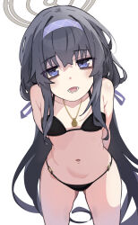 Rule 34 | 1girl, absurdres, bags under eyes, bare arms, bare legs, bare shoulders, bikini, black bikini, black hair, blue archive, blush, breasts, collarbone, cowboy shot, hairband, halo, highres, jewelry, kilabo, long hair, looking at viewer, navel, official alternate costume, open mouth, pendant, purple eyes, purple hairband, simple background, small breasts, solo, swimsuit, ui (blue archive), ui (swimsuit) (blue archive), white background