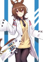 Rule 34 | 1girl, absurdres, agnes tachyon (umamusume), ahoge, animal ears, bandolier, black necktie, black pantyhose, black shirt, blush, chemical structure, coat, collared shirt, commentary request, cork, cowboy shot, deen (hnxp8555), earrings, grin, hair between eyes, highres, horse ears, horse girl, horse tail, jewelry, lab coat, messy hair, necktie, open clothes, open coat, pantyhose, red eyes, shirt, short hair, simple background, single earring, sleeves past fingers, sleeves past wrists, smile, solo, striped, striped background, sweater vest, tail, test tube, umamusume, white coat, yellow sweater vest