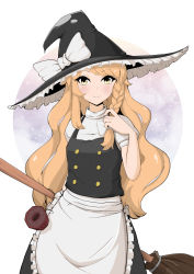 Rule 34 | 1girl, absurdres, apron, black dress, black hat, blonde hair, blush, bow, braid, broom, buttons, closed mouth, cloud, cloudy sky, dress, frills, gradient sky, hair bow, hand up, hat, hat bow, highres, kirisame marisa, long hair, looking at viewer, lykesya, mini-hakkero, pink sky, puffy short sleeves, puffy sleeves, purple sky, shirt, short sleeves, single braid, sky, smile, solo, standing, star (sky), starry sky, touhou, white apron, white background, white bow, white shirt, witch hat, yellow eyes