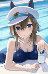 Rule 34 | 1girl, ass, blue eyes, blush, bottle, breasts, brown hair, cleavage, collarbone, hat, highres, looking at viewer, may9, medium breasts, ocean, one-piece swimsuit, open mouth, peaked cap, short hair, signature, solo, swimsuit, umamusume, water drop