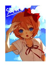 Rule 34 | 1girl, :o, absurdres, blue eyes, blue sky, blush, bow, character name, cloud, collarbone, collared shirt, colored eyelashes, doki doki literature club, dress shirt, hair between eyes, hair bow, hand up, highres, kugaumelo, neck ribbon, open mouth, orange hair, red bow, red ribbon, ribbon, sayori (doki doki literature club), school uniform, shading eyes, shirt, short hair, short sleeves, sky, solo, white shirt