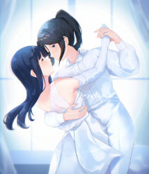 Rule 34 | 2girls, artist name, bare shoulders, black hair, blazer, blue eyes, blue hair, blurry, blurry background, collared shirt, commission, curtains, dress, elbow gloves, formal, gloves, hibike! euphonium, highres, holding hands, jacket, kasaki nozomi, leaning back, leaning forward, liz to aoi tori, long hair, long sleeves, looking at another, multiple girls, pants, ponytail, ratifuu, red eyes, shirt, sleeveless, sleeveless dress, suit, wedding dress, white dress, white gloves, white jacket, white pants, window, yoroizuka mizore