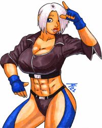 Rule 34 | 1girl, aaronhibiki, abs, angel (kof), bikini, bikini bottom only, blue eyes, breasts, chaps, cleavage, fingerless gloves, gloves, hair over one eye, highres, huge breasts, jacket, large breasts, leather, leather jacket, lips, looking at viewer, midriff, muscular, muscular female, navel, open clothes, short hair, solo, swimsuit, the king of fighters, thick thighs, thighhighs, thighs, white hair, xxxhibiki