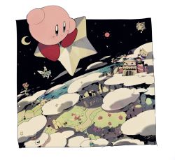 Rule 34 | aircraft, airship, apple, black sky, bug, butterfly, castle, cloud, crescent moon, dirigible, flower, flying, food, from above, fruit, grass, halberd (airship), higa423, highres, house, insect, kirby, kirby (series), kracko, landscape, moon, mountain, nintendo, outdoors, riding, scenery, sign, sky, smile, solo focus, star (symbol), sun, tree, waddle dee, waddle doo, warp star, whispy woods