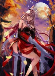 Rule 34 | 1girl, absurdres, animal ears, arknights, bare shoulders, black gloves, breasts, cleavage, closed mouth, elbow gloves, feet out of frame, full moon, gloves, hair intakes, hair ornament, hand on own chest, high-waist skirt, highres, large breasts, long hair, looking at viewer, moon, outdoors, partially fingerless gloves, petals, pink eyes, pink hair, pozyomka (arknights), red skirt, skirt, smile, solo, sore watasino, tail, thigh strap, very long hair, wolf ears, wolf girl, wolf tail
