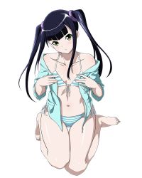 Rule 34 | 00s, 1girl, barefoot, bikini, black hair, collarbone, feet, female focus, flat chest, front-tie bikini top, front-tie top, full body, ikkitousen, long hair, looking at viewer, navel, off shoulder, official art, saji genpou (true), side-tie bikini bottom, simple background, sitting, solo, striped bikini, striped clothes, swimsuit, thigh gap, thighs, toes, twintails, white background, yellow eyes