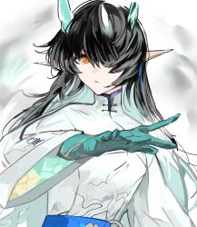 Rule 34 | 1girl, arknights, arm up, black hair, chiriejjiyo, colored skin, dragon girl, dragon horns, dress, dusk (arknights), green skin, hair over one eye, highres, horns, long hair, long sleeves, looking at viewer, one eye covered, orange eyes, pointy ears, simple background, solo, upper body, white background, white dress