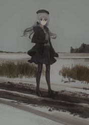 Rule 34 | 1girl, absurdres, beret, black eyes, black footwear, black gloves, black hat, black jacket, black skirt, brown eyes, brown pantyhose, chihuri, cloud, cloudy sky, collared shirt, dress shirt, eve (chihuri), full body, gloves, grey hair, grey shirt, hair between eyes, hat, heterochromia, highres, jacket, loafers, long hair, long sleeves, looking at viewer, open clothes, open jacket, original, outdoors, overcast, pantyhose, shirt, shoes, skirt, sky, snow, solo, standing, very long hair