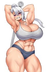 Rule 34 | 1girl, abs, absurdres, armpits, arms up, bare shoulders, breasts, cleavage, cross, cross necklace, curvy, eyelashes, female focus, grin, highres, holding, holding weapon, huge breasts, incoming attack, jewelry, looking at viewer, muscular, muscular female, necklace, ponytail, purple eyes, skindentation, smile, solo, suxka12, thick thighs, thighs, weapon, whale tail (clothing), white background, wide hips