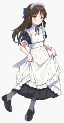 Rule 34 | 1girl, apron, black dress, black footwear, black pantyhose, blue bow, blush, bow, braid, brown eyes, brown hair, buttons, child, clothes lift, collared dress, commentary, dddd akagi, dress, dress lift, frilled apron, frilled headwear, frills, full body, hair bow, half updo, highres, idolmaster, idolmaster cinderella girls, idolmaster cinderella girls u149, loafers, long dress, long hair, looking at viewer, maid, maid apron, maid headdress, medium bangs, neck ribbon, official alternate costume, open mouth, pantyhose, puffy short sleeves, puffy sleeves, ribbon, shoes, short sleeves, sidelocks, simple background, solo, standing, standing on one leg, straight hair, tachibana arisu, teeth, waist bow, white apron, white background, white bow