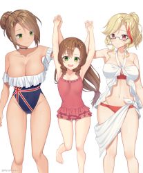 Rule 34 | 3girls, absurdres, armpits, bare legs, barefoot, bikini, blonde hair, breasts, brown hair, choker, cleavage, closed mouth, collarbone, covered navel, drill hair, feet out of frame, female commander (girls&#039; frontline), fn-49 (girls&#039; frontline), girls&#039; frontline, glasses, gluteal fold, green eyes, hair bun, halterneck, height difference, highleg, highleg swimsuit, highres, large breasts, layered bikini, lee-enfield (girls&#039; frontline), lifting person, linea alba, long hair, looking at another, looking at viewer, low-tied long hair, multicolored hair, multiple girls, navel, off-shoulder one-piece swimsuit, one-piece swimsuit, open mouth, parted bangs, pendant choker, red eyes, rynzfrancis, semi-rimless eyewear, single hair bun, small breasts, smile, strapless, streaked hair, swimsuit, tareme, teeth, thighs, tube top, twin drills, twitter username, union jack, upper teeth only