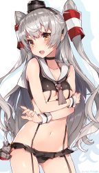 Rule 34 | 1girl, adapted costume, amatsukaze (kancolle), bare shoulders, bikini, blush, breasts, brown eyes, character doll, choker, collarbone, embarrassed, garter straps, hair tubes, hairband, highres, kantai collection, lifebuoy, long hair, looking at viewer, mika pikazo, navel, open mouth, rensouhou-kun, silver hair, small breasts, solo, swim ring, swimsuit, two side up, underboob, wrist cuffs