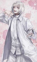 Rule 34 | 1boy, :d, absurdres, akudama drive, bandaged hand, coat, collar, cutthroat (akudama drive), hand up, highres, long sleeves, male focus, open mouth, pale skin, pants, purple eyes, shiromo ooo, shirt, short hair, simple background, smile, standing, white coat, white hair, white pants, white shirt