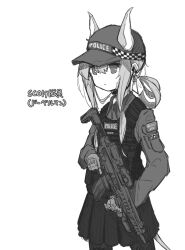 Rule 34 | 1girl, animal ears, assault rifle, closed mouth, collared shirt, commentary request, cowboy shot, ears through headwear, flat cap, greyscale, gun, hair between eyes, hair rings, hat, holding, holding gun, holding weapon, kaya (coocoo kaya), long hair, long sleeves, monochrome, original, pantyhose, pleated skirt, police, police uniform, policewoman, rifle, shirt, sig sauer, sig mcx, simple background, skirt, solo, translation request, uniform, weapon, weapon request, white background