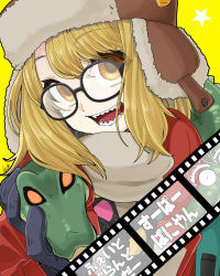 Rule 34 | 1girl, alligator, black gloves, black shirt, blonde hair, blush, breasts, brown hat, crocodilian, fate/grand order, fate (series), film strip, glasses, gloves, hat, highres, jacket, long sleeves, looking at viewer, medium breasts, open clothes, open jacket, open mouth, paul bunyan (fate), polka dot, red jacket, rei (reins), scarf, sharp teeth, shirt, short hair, smile, super bunyan (fate), super bunyan (first ascension) (fate), teeth, white scarf, yellow background, yellow eyes
