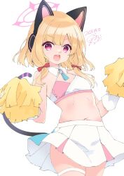 Rule 34 | 1girl, 2023, alternate costume, animal ear headphones, animal ears, blonde hair, blue archive, blunt bangs, bow, cat ear headphones, cheerleader, commentary, cowboy shot, dated, detached collar, eyelashes, eyes visible through hair, fake animal ears, flat chest, hair bow, halo, hands up, headphones, highres, looking at viewer, low twintails, medium hair, miniskirt, momoi (blue archive), one-hour drawing challenge, open mouth, pink eyes, pink halo, pom pom (cheerleading), purinpurin, red bow, round teeth, signature, simple background, skirt, smile, solo, standing, teeth, thigh strap, twintails, upper teeth only, v-shaped eyebrows, w arms, white background, white skirt