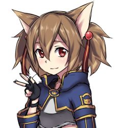Rule 34 | 10s, 1girl, animal ears, armor, bad id, bad pixiv id, black gloves, breastplate, brown hair, cat ears, fingerless gloves, gloves, hair ornament, hair ribbon, light smile, looking at viewer, red eyes, ribbon, short hair, silica, silica (sao-alo), simple background, solo, sora 72-iro, sword art online, twintails, upper body, v, white background