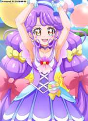 Rule 34 | 1girl, :d, armpits, arms up, bare arms, bow, breasts, brown eyes, choker, collarbone, cure coral, day, hair bow, hanzou, highres, long hair, looking at viewer, open mouth, outdoors, precure, purple choker, purple hair, purple sailor collar, purple skirt, red bow, sailor collar, skirt, small breasts, smile, solo, standing, tropical-rouge! precure, very long hair, yellow bow