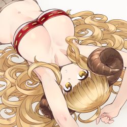 Rule 34 | 1girl, :o, ahoge, anila (granblue fantasy), armpits, arms up, bandeau, bare arms, bare shoulders, blonde hair, blunt bangs, bra, breasts, brown eyes, brown skirt, chan co, cleavage, collarbone, commentary request, curly hair, draph, granblue fantasy, horns, large breasts, long hair, looking at viewer, lying, midriff, navel, on back, parted lips, pleated skirt, red bra, sheep horns, sidelocks, simple background, skirt, solo, stomach, underwear, upper body, upside-down, very long hair, white background