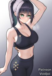 Rule 34 | 1girl, absurdres, alternate costume, arm up, armpit crease, artist name, black hair, black pants, black sports bra, breasts, cleavage, closed mouth, collarbone, genshin impact, gradient background, green eyes, grey background, high ponytail, highres, long hair, medium breasts, midriff, mona (genshin impact), navel, pants, patreon username, sidelocks, solo, sparkle print, sports bra, sportswear, stomach, voidjois, yoga pants