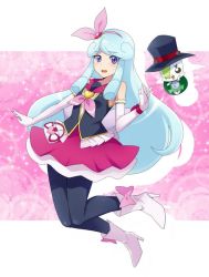Rule 34 | 1girl, alternate costume, alternate form, artist request, black pantyhose, blue eyes, blue hair, boots, bow, cosplay, creature, dress, drill hair, elbow gloves, gloves, hair bow, happinesscharge precure!, heart, high heel boots, high heels, hosshiwa, long hair, magical girl, namakeruda, namakeruda (cosplay), non-web source, pantyhose, precure, ribbon (happinesscharge precure!), white footwear, white gloves