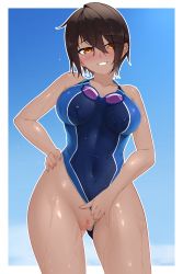 Rule 34 | 1girl, :d, absurdres, bare arms, bare hips, bare shoulders, blue one-piece swimsuit, blue sky, blush, border, breasts, breasts apart, brown hair, cleft of venus, clothing aside, cloud, collarbone, competition swimsuit, covered navel, cowboy shot, dark-skinned female, dark skin, day, ear piercing, gluteal fold, goggles, goggles around neck, grin, hair between eyes, hand on own hip, highres, looking at viewer, medium breasts, one-piece swimsuit, open mouth, original, outdoors, outside border, piercing, pussy, red eyes, shiny skin, short hair, skin tight, sky, smile, solo, swimsuit, swimsuit aside, teeth, uncensored, water, wet, white border, z.taiga